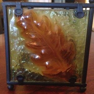 Candle Holder Opaque Peppled Green with Leaf Tea Light Candle